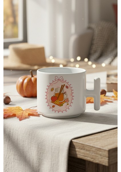 Sonbahar Temalı Elma Baskılı Hediyelik T Kulplu Latte Fincanı Kupa Bardak