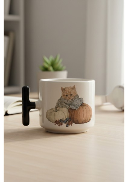 Sonbahar Temalı Sevimli Kedi No:11 Baskılı Siyah Renkli T Kulplu Latte Fincanı Kupa