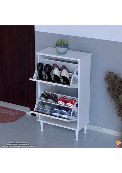 Asaf Meşe Renk 52 cm Kapı Önü Ayakkabılık 2 Düşer Kapak 4 Göz Bölmeli Ayakkabılık 52X90X25,5 cm