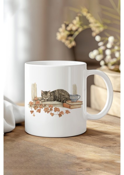 Sonbahar Temalı Sevimli Kedi No:10 Baskılı Hediyelik Kupa Bardak