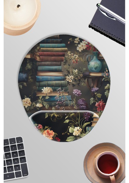 Çiçek ve Kitaplar No:5 Oyuncu Gaming Oval Bilek Destekli Mousepad