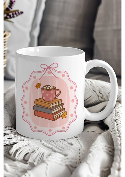 Sonbahar Temalı Kitaplar ve Sıcak Çikolata Baskılı Hediyelik Kupa Bardak