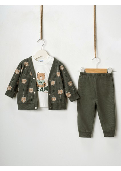 Baby Erkek Bebek 3'lü Selanik Kumaş Hırkalı Takım Ayıcık Hb Baskılı Sweatshirt Beli Lastikli Alt