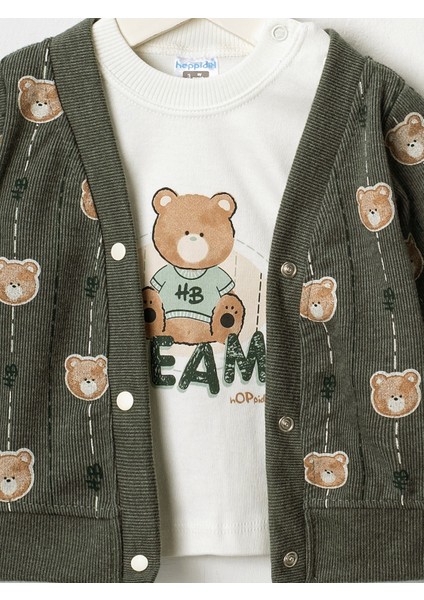 Baby Erkek Bebek 3'lü Selanik Kumaş Hırkalı Takım Ayıcık Hb Baskılı Sweatshirt Beli Lastikli Alt fiyatları
