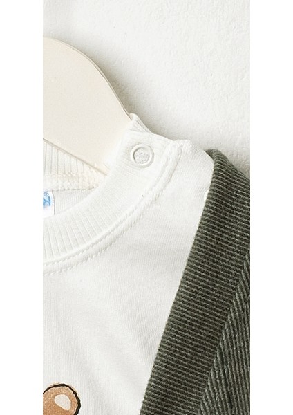 Baby Erkek Bebek 3'lü Selanik Kumaş Hırkalı Takım Ayıcık Hb Baskılı Sweatshirt Beli Lastikli Alt modelleri