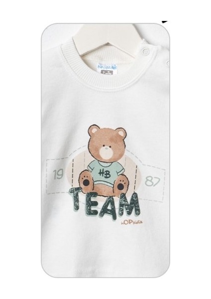 Baby Erkek Bebek 3'lü Selanik Kumaş Hırkalı Takım Ayıcık Hb Baskılı Sweatshirt Beli Lastikli Alt