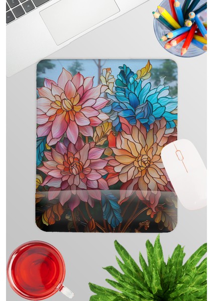 Vitray Görünümlü Çiçekler Baskılı No:1 Oyuncu Gaming Dikdörtgen Bilek Destekli Mousepad