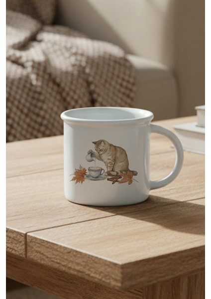 Sonbahar Temalı Sevimli Kedi No:2 Baskılı Enamel Görünümlü Seramik Vintage Kupa Bardak