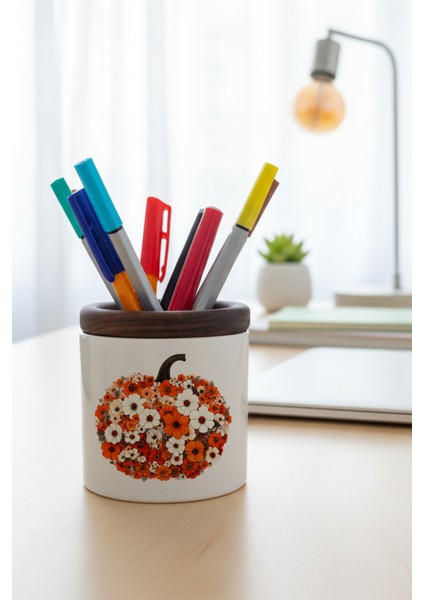 Boho Fall Pumpkin Floral Baskılı Seramik Kalemlik Masaüstü Düzenleyici