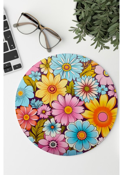Renkli Çiçekler No:15 Baskılı Yuvarlak Gaming Mousepad