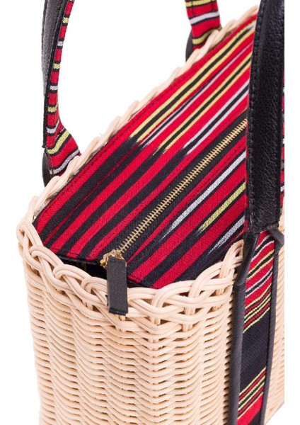 Purki - Siyah Deri Çizgi Desen El ve Omuz Çantası