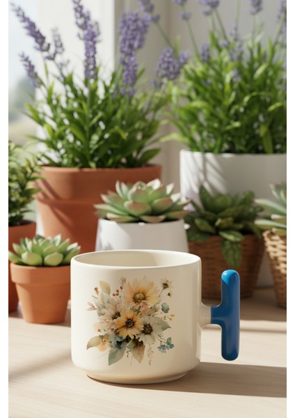 Ayçiçekleri Sonbahar Teması No:5 Baskılı Mavi Renkli T Kulplu Latte Fincanı Kupa