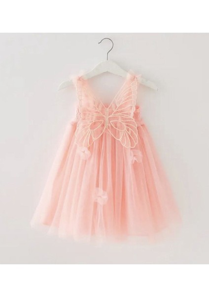 Doğumgünü Elbisesi Askılı Somonumsu Pembe Kelebek Kanat Sırt Detaylı