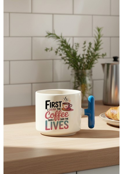 First The Coffee Baskılı Mavi Renkli T Kulplu Latte Fincanı Kupa