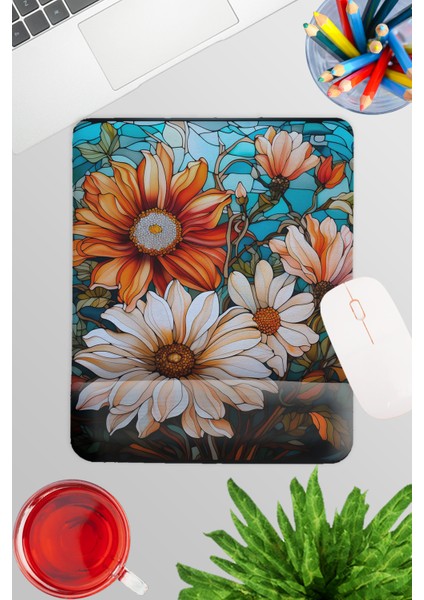 Vitray Görünümlü Çiçekler Baskılı No:2 Oyuncu Gaming Dikdörtgen Bilek Destekli Mousepad