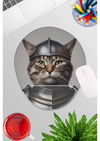 Ortaçağ Kostümlü Kediler No:12 Oyuncu Gaming Oval Bilek Destekli Mousepad