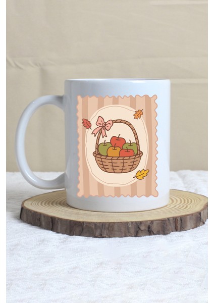 Sonbahar Temalı Elma Sepeti Baskılı Hediyelik Kupa Bardak