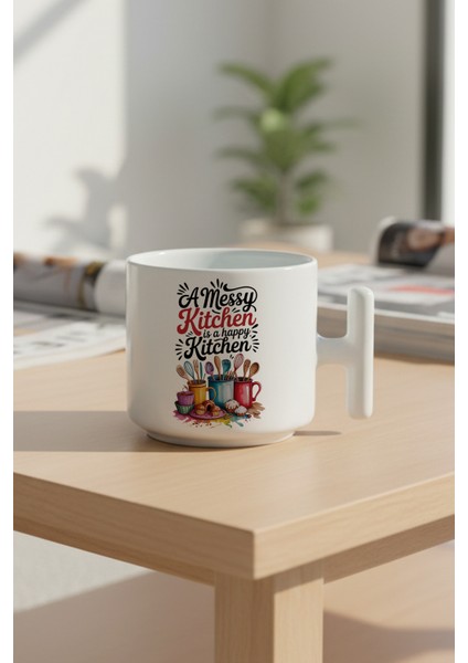 A Messy Kitchen Baskılı Hediyelik T Kulplu Latte Fincanı Kupa Bardak