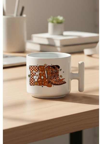 Sonbahar Temalı Fall Baskılı Hediyelik T Kulplu Latte Fincanı Kupa Bardak