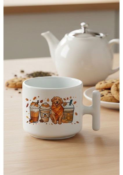 Sonbahar Temalı Kahveler No:4 Baskılı Hediyelik T Kulplu Latte Fincanı Kupa Bardak