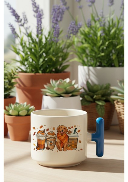 Sonbahar Temalı Kahveler No:4 Baskılı Mavi Renkli T Kulplu Latte Fincanı Kupa