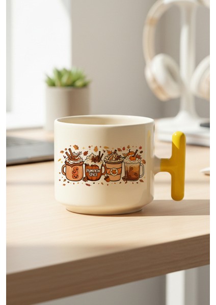 Sonbahar Temalı Kahveler No:5 Baskılı Sarı Renkli T Kulplu Latte Fincanı Kupa