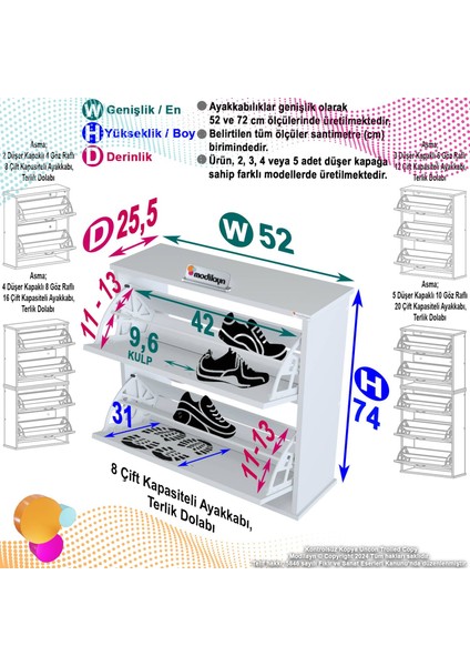 Asaf Meşe Renk 52 cm Asma Ayakkabılık Antre 2 Düşer Kapak 4 Göz Bölmeli Ayakkabılık 52X74X25,5 cm fiyatları