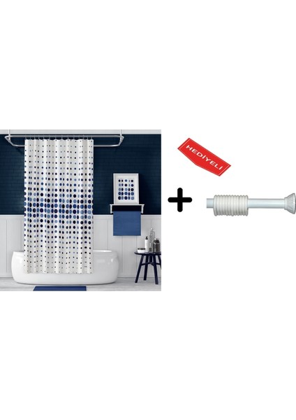 Banyo Duş Perdesi 4961 Mavi 110X200 Perde Borusu Askı Aparatı 90X130 Hediyeli