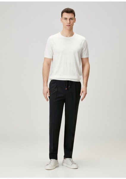 Tapered Fit Lacivert Beli Kordonlu Yün Pantolon