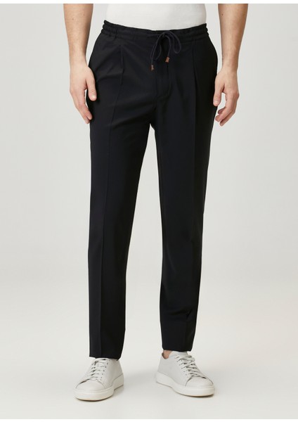 Tapered Fit Lacivert Beli Kordonlu Yün Pantolon fiyatları