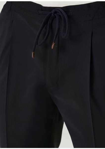 Tapered Fit Lacivert Beli Kordonlu Yün Pantolon fırsatları