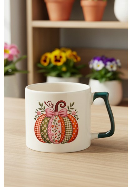 Desenli Balkabağı Baskılı Yeşil D Kulplu Kupa Bardak