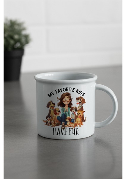 My Favorite Kids Have Fur Baskılı Enamel Görünümlü Seramik Vintage Kupa Bardak