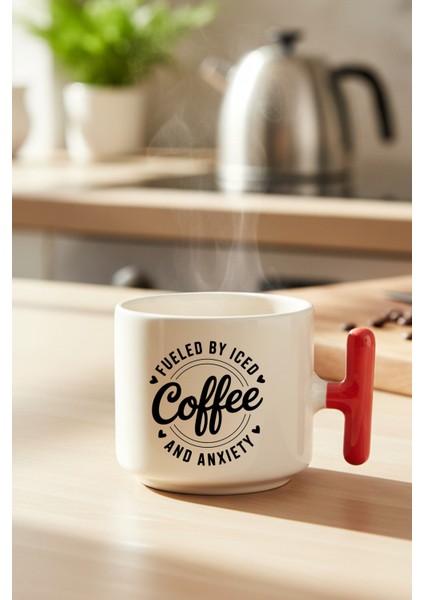 Fueled By Coffee Baskılı Kırmızı Renkli T Kulplu Latte Fincanı Kupa
