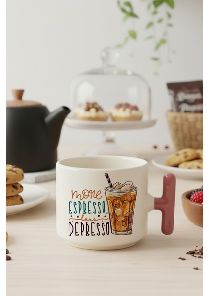 More Espresso Less Depresso Baskılı Pembe Renkli T Kulplu Latte Fincanı Kupa
