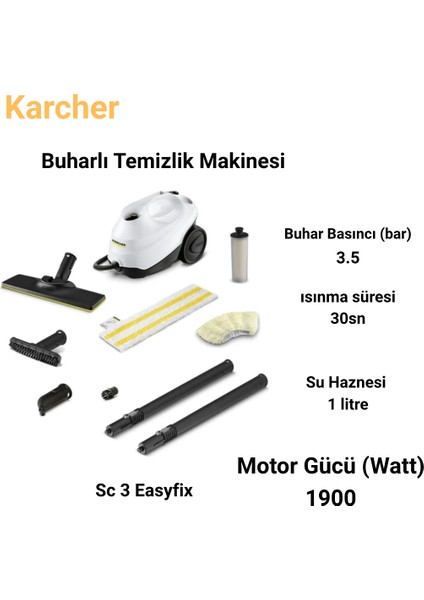 1900 Watt ,30 Sn.de Isınan Su ile Sc 3 Easyfix Buharlı Temizlik Makinesi