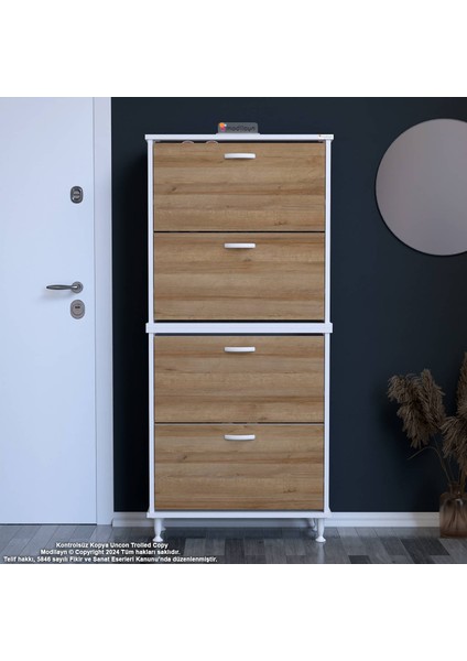 Asaf 2 Li Meşe Renk Ayakkabılık 4 Düşer Kapak 8 Göz Bölmeli Ayakkabılık 72X160X25,5 cm