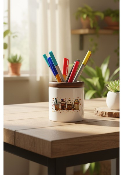 Sonbahar Temalı Kahveler No:3 Baskılı Seramik Kalemlik Masaüstü Düzenleyici