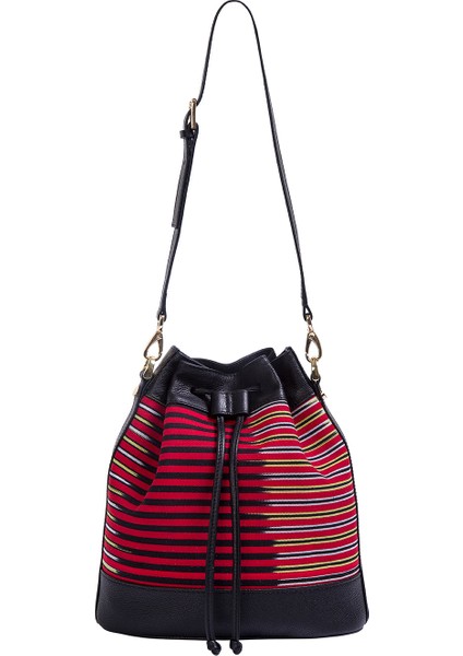 Kuz - Siyah Deri ve Ince Çizgi Desenli Sırt, Omuz ve El Çantası
