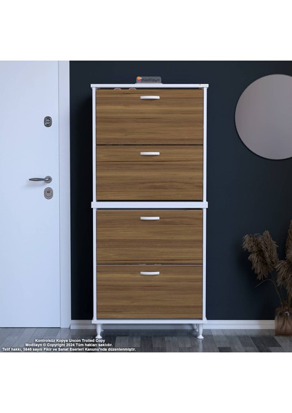 Asaf 2 Li Antre Ceviz Renk Ayakkabılık 4 Düşer Kapak 8 Göz Raf Bölmeli Ayakkabılık 52X160X25,5 cm