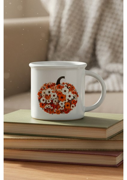 Boho Fall Pumpkin Floral Baskılı Enamel Görünümlü Seramik Vintage Kupa Bardak
