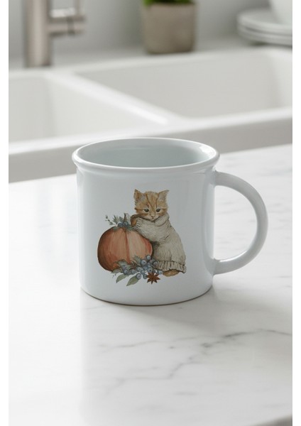 Sonbahar Temalı Sevimli Kedi No:9 Baskılı Enamel Görünümlü Seramik Vintage Kupa Bardak
