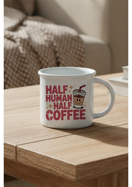 Half Human Half Coffee Baskılı Enamel Görünümlü Seramik Vintage Kupa Bardak