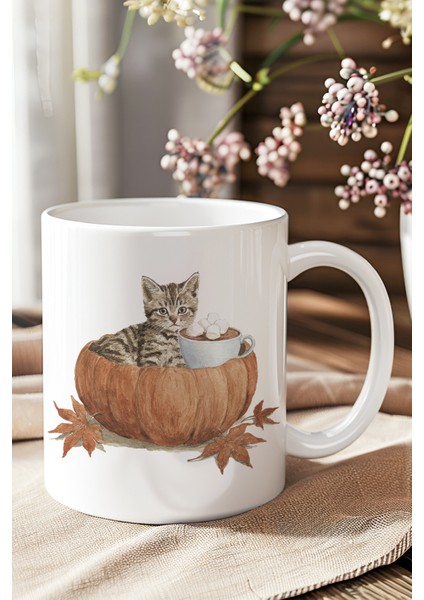 Sonbahar Temalı Sevimli Kedi No:4 Baskılı Hediyelik Kupa Bardak