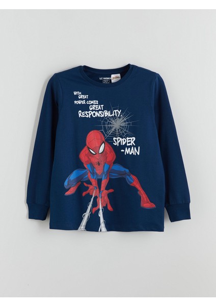 Yeni Sezon Bisiklet Yaka Spider-Man Baskılı Erkek Çocuk Pijama Üstü