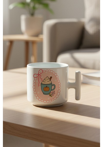 Sonbahar Temalı Pumpkin Spice Latte Baskılı Hediyelik T Kulplu Latte Fincanı Kupa Bardak