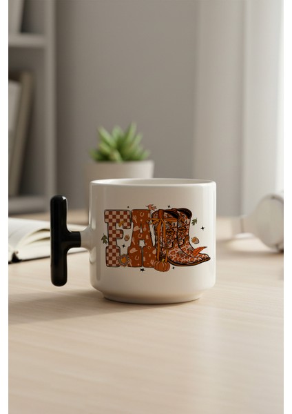 Sonbahar Temalı Fall Baskılı Siyah Renkli T Kulplu Latte Fincanı Kupa