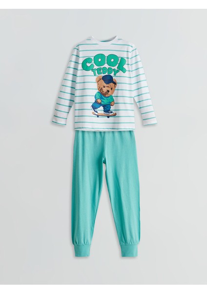 Yeni Sezon Bisiklet Yaka Ayı Teddy Baskılı Erkek Çocuk Pijama Takımı