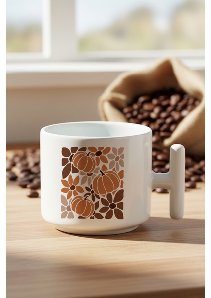 Boho Floral Fall Pumpkin Baskılı Hediyelik T Kulplu Latte Fincanı Kupa Bardak