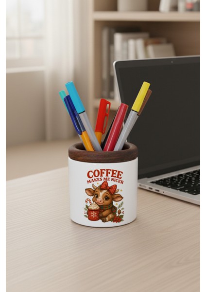 Coffee Makes Me Nicer Sevimli Inek Baskılı Seramik Kalemlik Masaüstü Düzenleyici